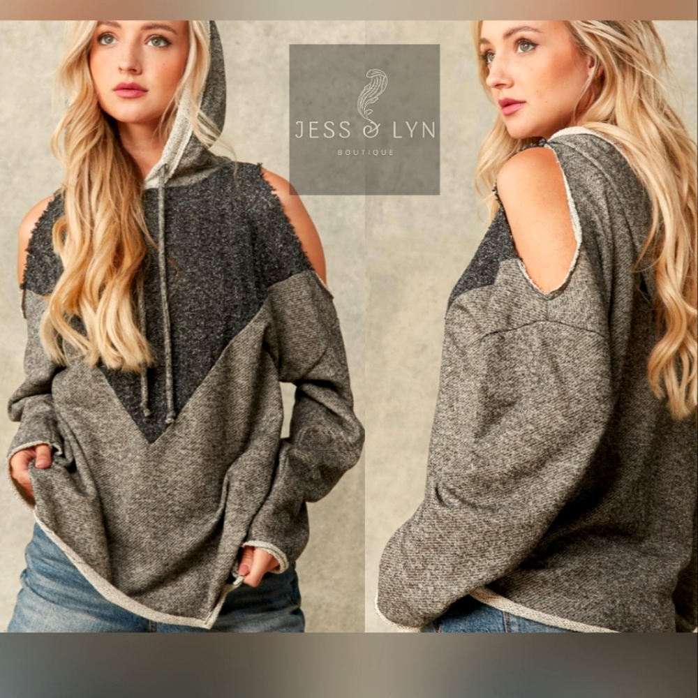 🆕2 Tone Gray Distressed Raw Hem Pullover Hoodie w/Cold Shoulders